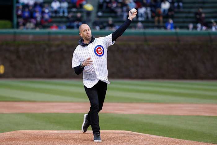 Gregg Berhalter throws out a first pitch at a Chicago Cubs game